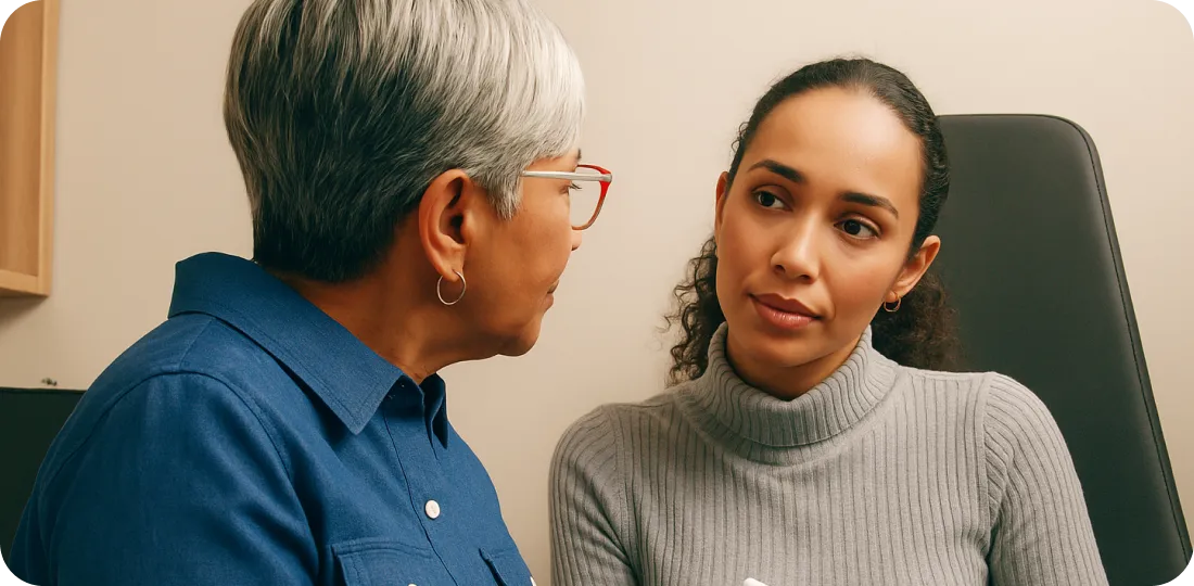 Two women of different ages making eye contact