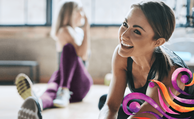 woman smiling and stretching